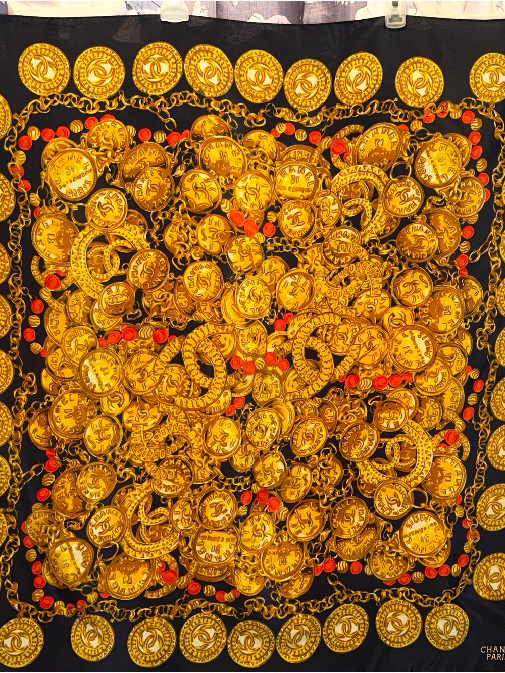 Designer  Navy Scarf with Gold Coin & Red Accent Necklace Motif